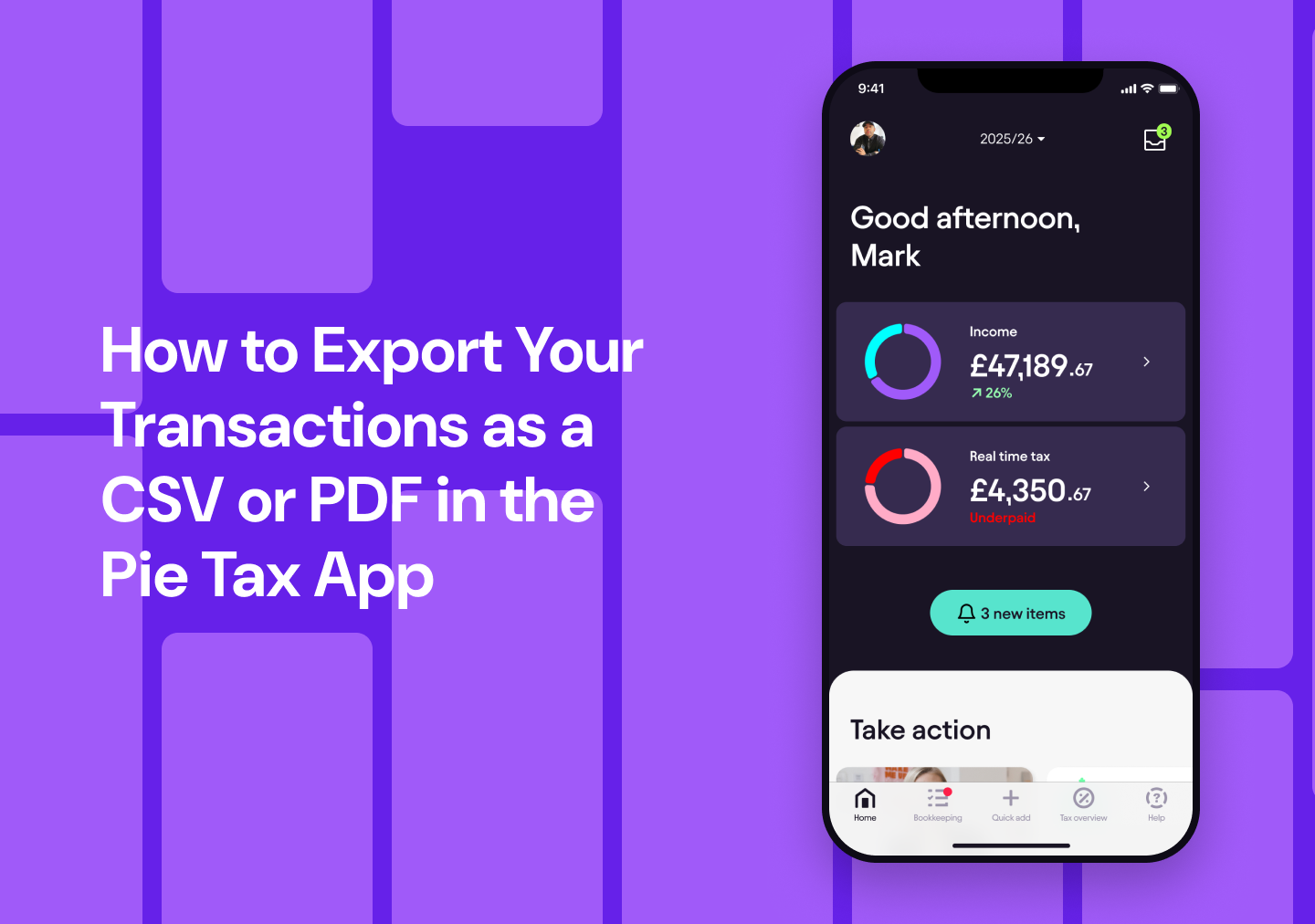 Learn how to export your transactions from the Pie Tax App as a PDF or CSV file for any tax year, quarter or custom date range.